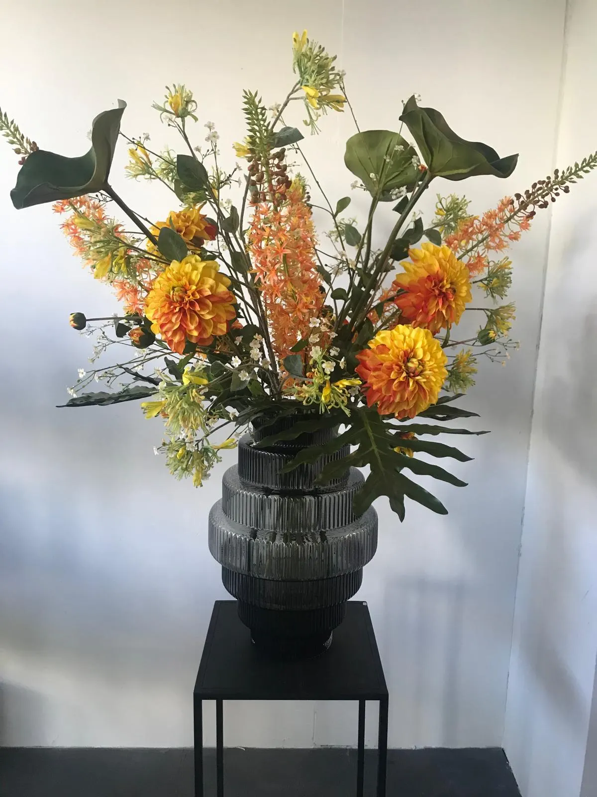 Oranje dahlia's, oranje naalden van Cleopatra en grote monsterabladeren in een rookgrijze geribbelde glazen vaas op een zwarte standaard